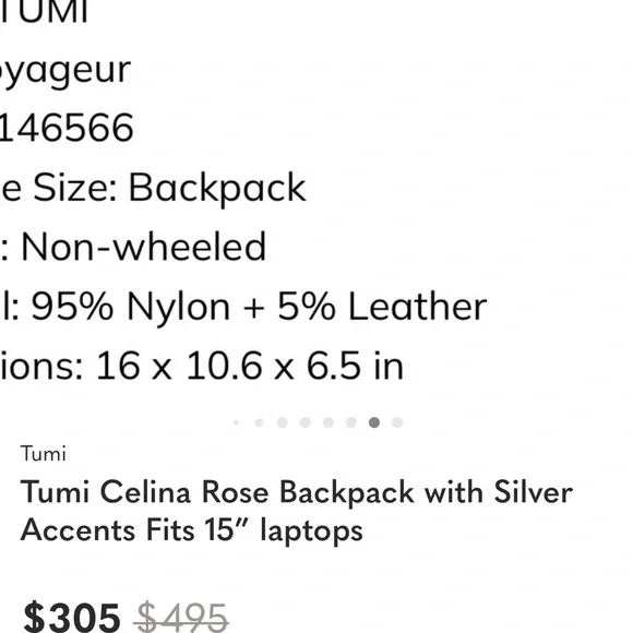 Tumi Celina Rose Backpack with Silver Details Fits 15” Labtop - Picture 8 of 9
